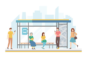 Cartoon Color Characters People and Bus Station Concept. Vector