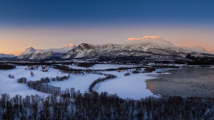Fototapeta na wymiar Lyngseidet Karnes mountain at sunrise in Northern Norway