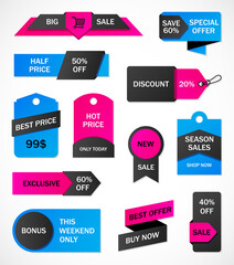 Vector stickers, price tag, banner, label. Coupon sale, offers and promotions vector template.