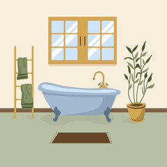 Bathroom with furniture vector illustration. Bathroom interior with big window in flat