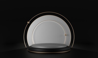 3d rendering of black and gold pedestal isolated on black background, round gold frame, memorial board, cylinder steps, abstract minimal concept, blank space, clean design, luxury minimalist mockup