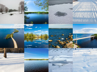 Collage of winter and summer nature photos in form of Finnish flag. Full size.