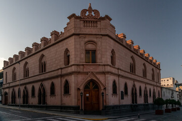 colonial building, made of pink ashlar, arequipa peru