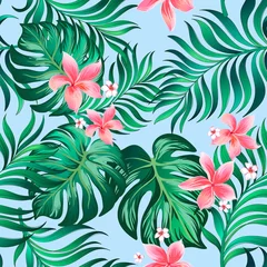 Foto op Canvas Tropisch zomerpatroon met exotische bloemen en palmbladeren. Naadloze vectorillustratie. Bloemenprint. © Logunova  Elena