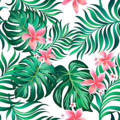 Fototapeta na wymiar Tropical summer pattern with exotic flower and palm leaves. Seamless vector illustration. Floral print.