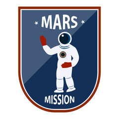 Mission Mars - emblem. Astronaut, cartoon, waving hand - vector. Space exploration