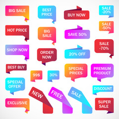Vector stickers, price tag, banner, label. Coupon sale, offers and promotions vector template.
