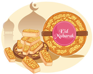 kastangel is a pastry that is served at Eid. Kaasstengels cookies with mosque background.