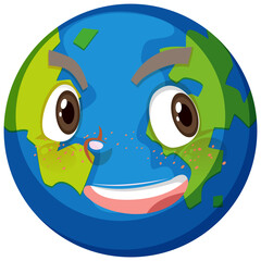Earth cartoon character with happy face expression on white background