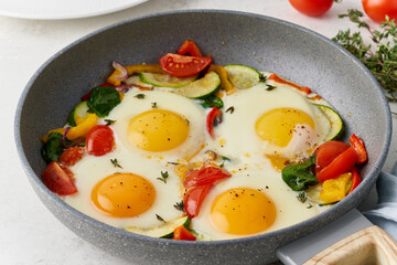 Fried eggs poached with vegetables on teflon pan - pepper, tomatoes, spinach, peppers, onion and garlic. Mediterranean cousine. Keto meal, FODMAP recipe, low carb. Side view