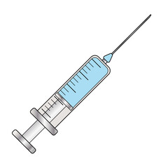 Medical disposable syringe with needle. Syringe with blue liquid isolated on white background.