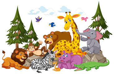 Wild animal group cartoon character on white background