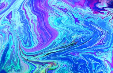 Abstract lilac-blue marble background. Acrylic paint flows freely and creates an interesting...