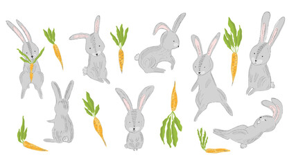 Collection of cute jumping, sitting, sleeping gray Easter rabbits and orange carrots with green twigs. Hand drawn illustration for kids textile design, stickers, decor, background