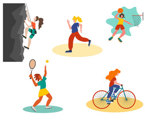 Set of women female characters doing sport workouts. Outdoor sport conception. Woman action character vector illustration isolated on white background.