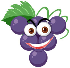Grape cartoon character with happy face expression on white background