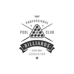 Professional billiard club vector logo black symbol of old traditions competition with set balls and crossed cues