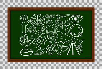 Different doodle strokes about science equipment on chalk board on transparent background