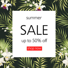 Summer sale banner with palm leaves and exotic flowers. Vector botanical design for web, banner, flyer, card.