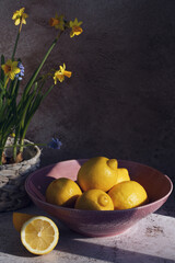 lemons in a bowl, bright sun, flowers, southern country