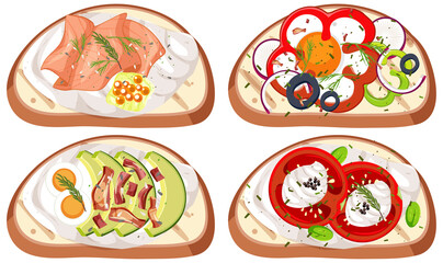Set of breads with topping isolated