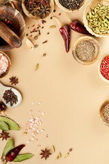 Food frame mockup with various types of spices Bay leaf, red chili pepper, anise in wooden rustic bowls, mortar and pestle, himalayan salt on a mocca beige color background with copy space. Vertical.