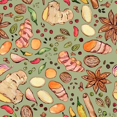 Watercolor and ink spices pattern on olive green. Seamless pattern with cardamom, ginger, pepper, anise, turmeric, allspice, nutmeg. Colorfull background for textile, wallpapers, print and banners.