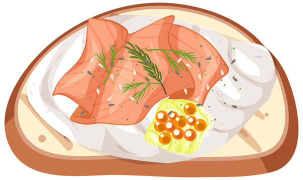 Top view of a bread with smoked salmon and cream