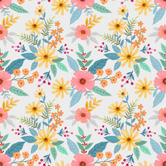 Fototapeta na wymiar Abstract floral seamless pattern design. Cute hand drawn illustration. Pink and yellow flowers on gray background.