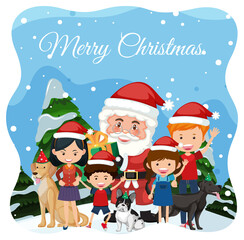Merry Christmas font with Santa Claus in snow scene