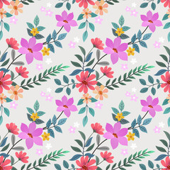 Abstract floral seamless pattern design. Cute hand drawn illustration. Pink and purple small flowers on gray background.