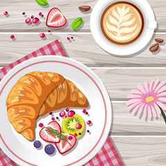 Top view of croissant with a coffee cup on the table