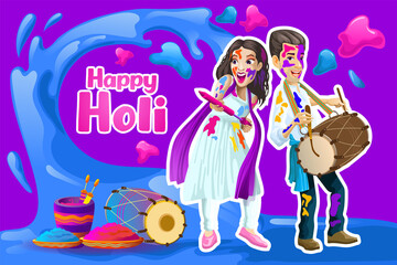 Obraz na płótnie Canvas Holi greetings with joyful Indian couple