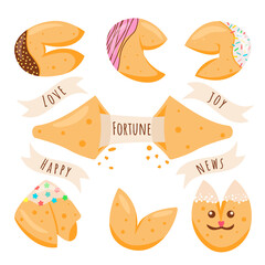 A fortune cookie set. Crisp Cookie with a Blank Piece of Paper Inside. Vector illustration