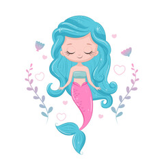 Cute little mermaid. Siren. Vector illustration