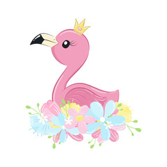 Cute flamingo with flowers ang crown. Vector illustration.