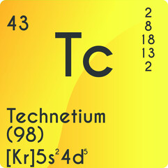 Technetium Tc Transition metal Chemical Element vector illustration diagram, with atomic number, mass and electron configuration. Simple gradient design for education, lab, science class.

