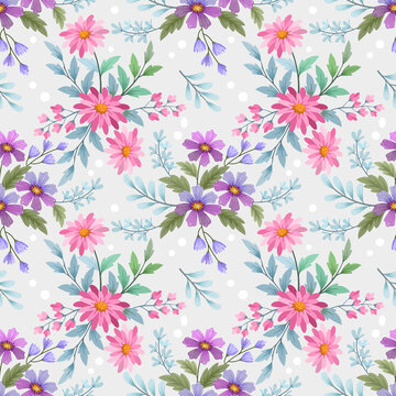 Abstract floral seamless pattern design. Cute hand drawn illustration. Pink and purple flowers on gray background.