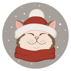 Cute fluffy cat in christmas hat and scarf closed his eyes and enjoys the falling snow. 
Greeting card with a cat in a flat style