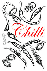 Chilli pepper set. Whole and sliced. Collection. Stock black and white illustration. Hand drawn. Sketch. Isolated on a white background. Spice.
