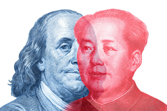 United States-China: US And China Currencies Cross Over. Ideas For The Contrast Between China And US, Trade War, Battling Of Technology, Supply And Power, Different Cultures. Isolate White Background