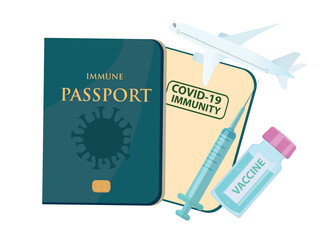 Covid 19 immune passport with test result, travel visa. Coronavirus vaccination certificate. Sars 2019-nCoV, Covid-19 pandemic end. Vector illustration