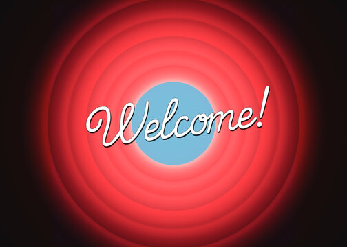 The text Welcome, funny font, on a background of concentric circles, recalling that of a famous vintage cartoon series seen on TV.
