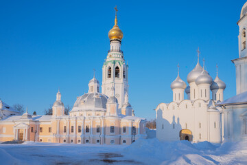 Vologda landmarks Kremlin ensemble - Resurrection and St. Sophia Cathedrals, Belfry on an early winter sunny morning, Vologda, Russia