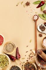 Food frame mockup with various types of spices Bay leaf, red chili pepper, anise in wooden rustic bowls, mortar and pestle, himalayan salt, wooden spoon on a  beige color background with copy space. 