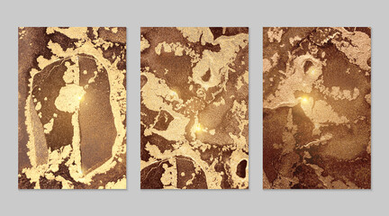 Brown and fortuna gold pattern with texture of geode and sparkles. Abstract vector background in alcohol ink technique. Modern paint with glitter. Set of backdrops for banner, poster design. Fluid art