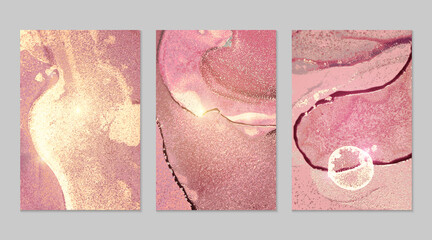 Pink and gold pattern with texture of geode and sparkles. Abstract vector background in alcohol ink technique. Modern paint with glitter. Set of backdrops for banner, poster design. Fluid art