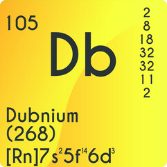 Dubnium Db Transition metal Chemical Element vector illustration diagram, with atomic number, mass and electron configuration. Simple gradient design for education, lab, science class.
