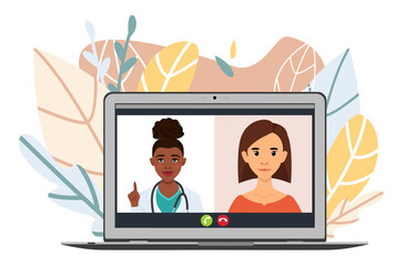 Laptop with a picture of a doctor and a patient, online medicine consultation.