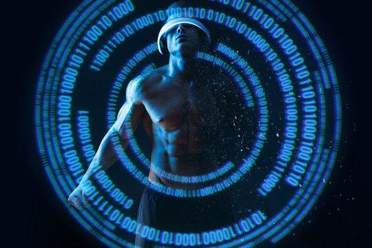 Muscular model sports young man in glasses of virtual reality on dark background. Blue neon light. Futuristic holographic interface to display data. Augmented reality, future technology, game concept.